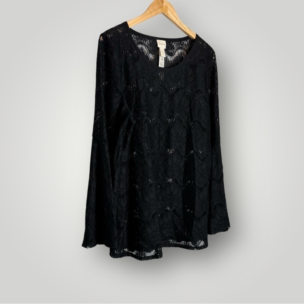 NWOT Chico’s Delicate Lace Flare Sleeve Top XL Sheer Romantic Layer Piece Black - Picture 4 of 9